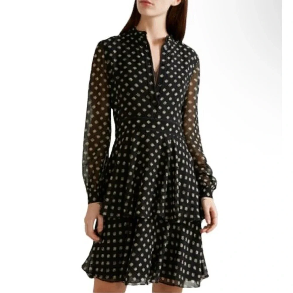 TORY BURCH Seymour Silk Georgette Mini Dress Size 6 Geometric Fish Print Tiered - Picture 2 of 11